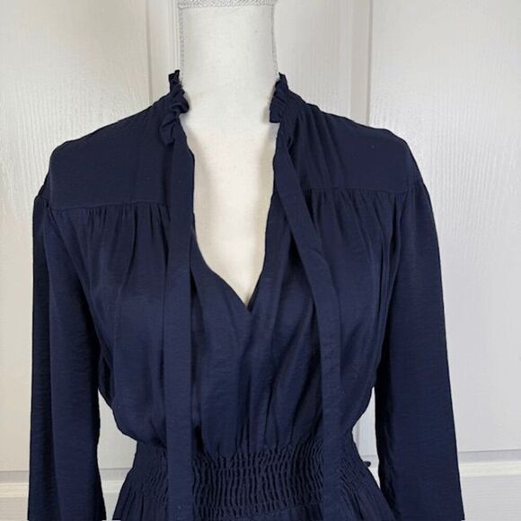 Maje Long Sleeve Mini Dress Navy Blue Tie Front Cinched Waist REPAIR Size Small - Picture 3 of 15